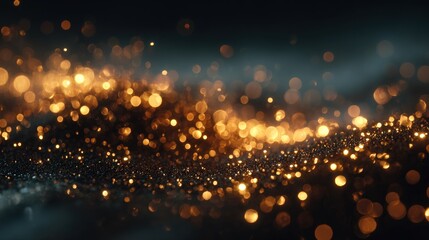 stunning sweep of intense, vibrant golden bokeh lights and sparkling glitter dust set against a deep, dark backdrop. Perfect for elegant Christmas, New Year, party, or overlay designs.
