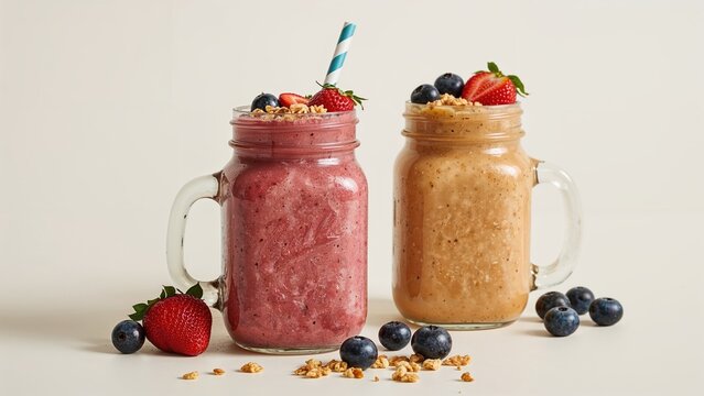 Two smoothies in mason jar mugs with fresh berries and a straw, surrounded by additional berries and granola. Healthy beverage and snack concept. Fruits and smoothies. Refreshing drinks for health. - Powered by Adobe