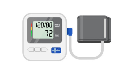 Digital blood pressure monitor, displaying systolic, diastolic readings, and pulse rate, medical device