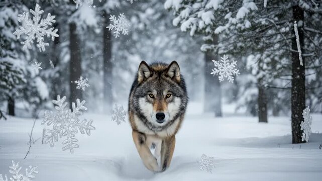 A wolf walks through a snowy winter forest.
