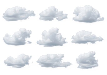 Collection of isolated cumulus cloud formations set against a white background