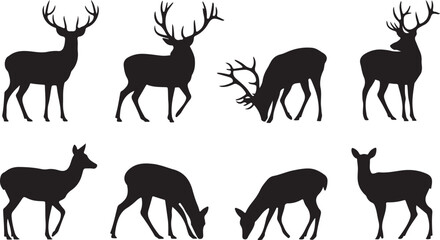 Deer Silhouette Set – Standing and Grazing Deer Vector Collection on White Background