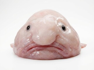 This bizarre, pale pink blobfish is resting in a detailed close-up studio shot, isolated against a bright white background, emphasizing its strange, droopy appearance.