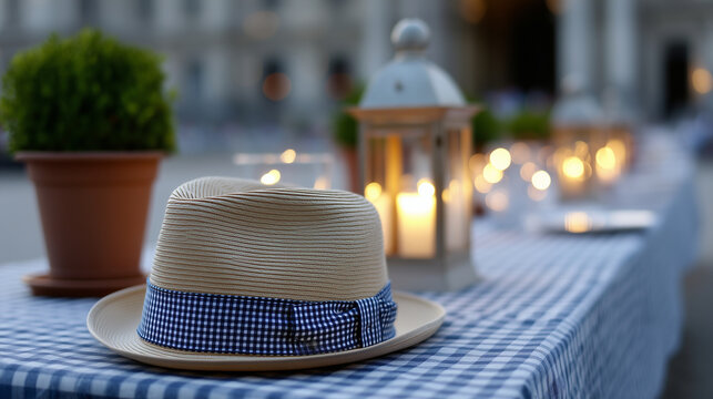 Cinematic realistic scene of a French guinguette at dusk, boater hat and vichy fabric in the foreground, lantern lights softly blurred in the background, warm tones, shallow focus,