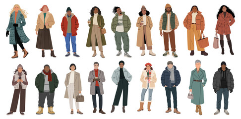 Flat vector illustration of diverse men and women wearing casual winter clothing, standing in various poses, minimalist style, isolated on transparent background.
