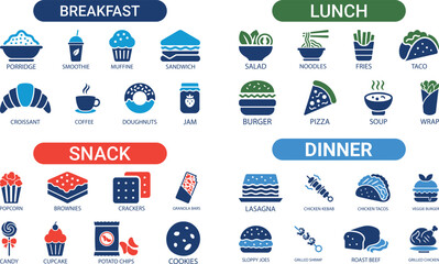 Food and Meal Icons Set, Breakfast, Lunch, Snack, Dinner vector illustration , Solid vector icon set collection.