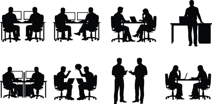 A collection of black silhouettes featuring office workers and business professionals sitting at desks with computers, collaborating, discussing, and working on laptops.