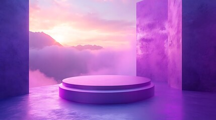 Surreal purple podium display against a backdrop of mountains and clouds during sunrise