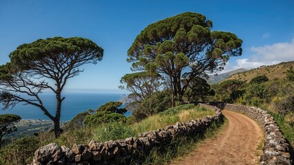 A scenic coastal path with stone walls and large trees, overlooking the ocean and hillside landscape. Nature and outdoor exploration. Hills, trees, and sea view.