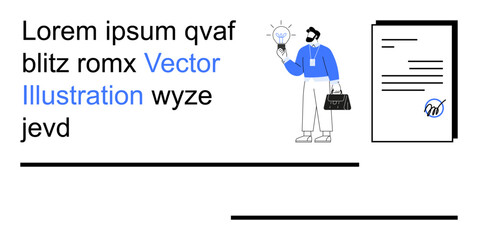 Innovation, creativity, business ideas, documentation, planning, productivity. Man holding briefcase and lightbulb next to a document. Innovation and creativity concepts for workplace © robu_s