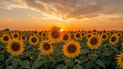 Fototapeta premium Sunflower field at sunset with sunflowers and vibrant sky. Nature and agriculture, concept. Floral beauty and landscape. The concept of sunlight and growth.