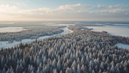 Aerial view of a snowy forest with winding river and cloudy sky. Winter landscape scene. Nature and wilderness. The scene of a large frozen river and dense snow-covered trees.