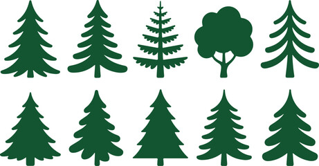 Obraz premium Green Tree Silhouettes Vector Set Collection of Evergreen Pines, Christmas Trees, and Deciduous Foliage Icons