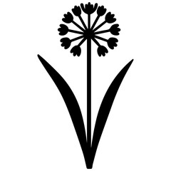 Black and white minimalist vector illustration of a wildflower with a round cluster of small heart-shaped petals, long stem and two leaves, isolated on a white background.