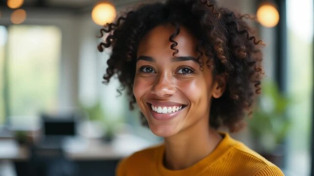 Video A young woman with curly hair smiling directly at the camera, looking happy and approachable