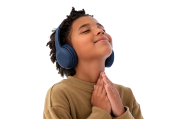 Young boy listening to music with eyes closed isolated on transparent background