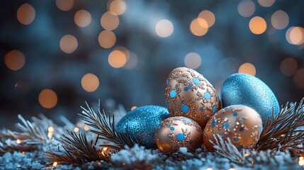 Elegant gold and blue decorative eggs nestled among snowy pine branches