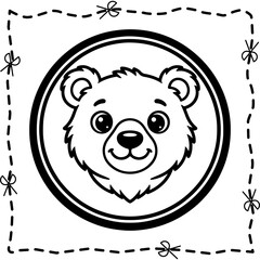 Cute Teddy Bear Face Vector Illustration Black and White Coloring Page Sticker with Scissor Cut Lines