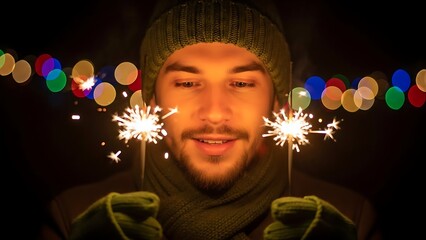 Young Man Holding Sparklers at Night with Bokeh Lights.