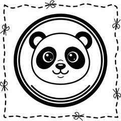 Cute Panda Bear Head Vector Illustration Black and White Coloring Page Sticker with Scissor Cut Lines