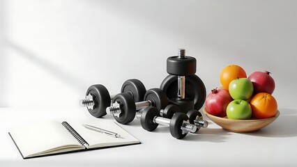 Healthy Lifestyle Setup: Dumbbells Fruits and Notebook for Fitness Planning.
