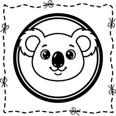 Cute Koala Bear Face Vector Illustration Black and White Coloring Page Sticker with Scissor Cut Lines