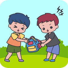 Bully Boy Grabbing Backpack Children Conflict. Perfect for educational materials, bullying awareness campaigns, school posters, and child behavior themes