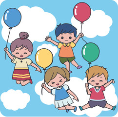 Balloon Flying Kids Happy Children Party Vector. Perfect for children books, party themes, posters, educational materials, birthday designs, kid activities, and playful creative projects.