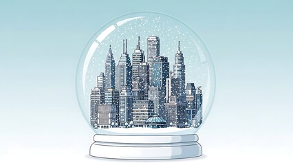 A detailed illustration of a city skyline encased within a clear glass snow globe, with white snowflakes falling against a light blue background.