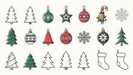 Collection of various Christmas holiday icons and decorations including trees, ornaments, snowflakes, and stockings.