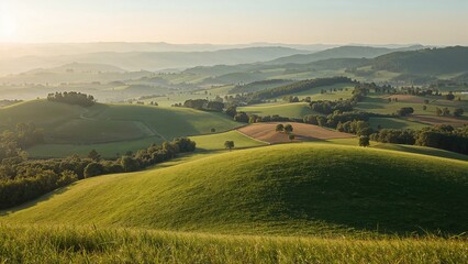 Rolling green hills and distant mountains in the landscape.