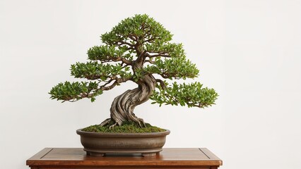 A bonsai tree in a pot placed on a wooden table with a plain background.