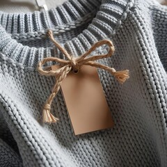 Closeup of gray sweater with brown tag and twine bow