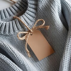 Closeup of gray sweater with brown tag and twine bow