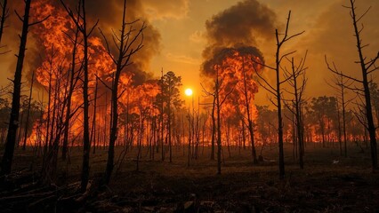 Burning forest landscape at sunset with smoke, charred trees, and a hazy sky.
