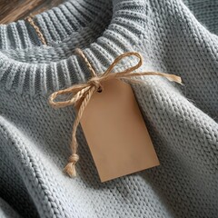 Closeup of gray sweater with brown tag and twine bow