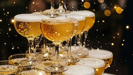 Champagne tower with sparkling golden liquid overflowing into multiple glasses, set against a festive bokeh background.