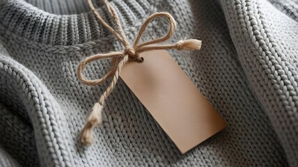 Closeup of gray sweater with brown tag and twine bow