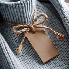 Closeup of gray sweater with brown tag and twine bow