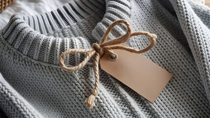 Closeup of gray sweater with brown tag and twine bow