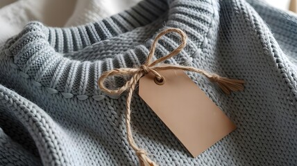 Closeup of gray sweater with brown tag and twine bow