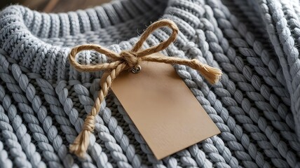 Closeup of gray sweater with brown tag and twine bow