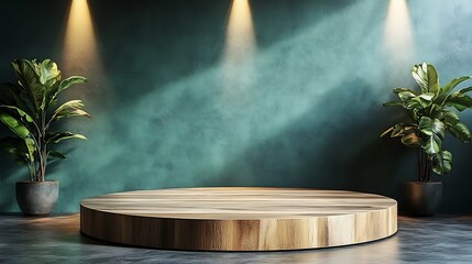 Circular wooden podium stage with green plants against a dramatic teal wall background
