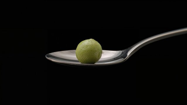 A green macaron on a silver spoon against a black background