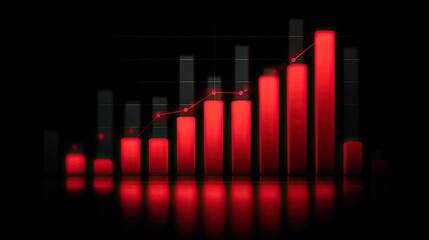 Red bar graph with rising line against dark background with reflection