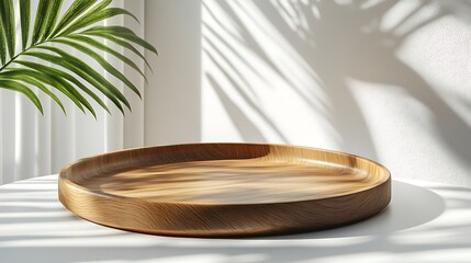 Minimalist wooden tray on white surface with palm leaf shadow and natural light