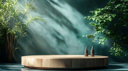 A natural wooden podium display with cosmetic bottles in a serene setting with lush green plants