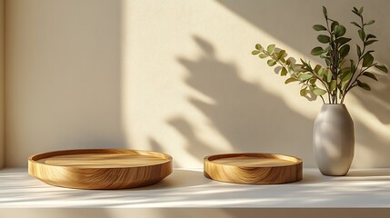 Aesthetic composition with natural elements including wooden trays and a plant in a vase