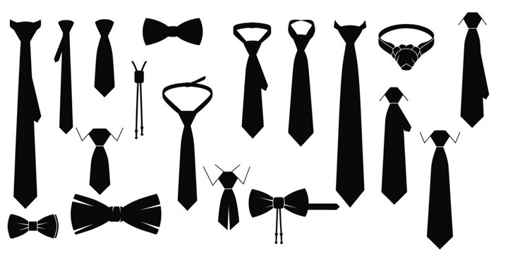 Collection of various black silhouette neckties and bowties.