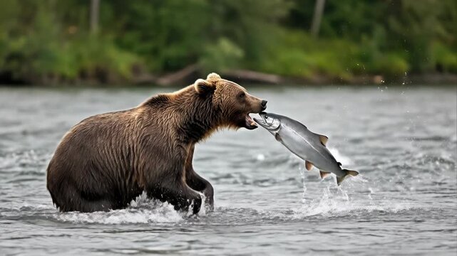 Grizzly bear attempts to catch a leaping salmon in a wild river.